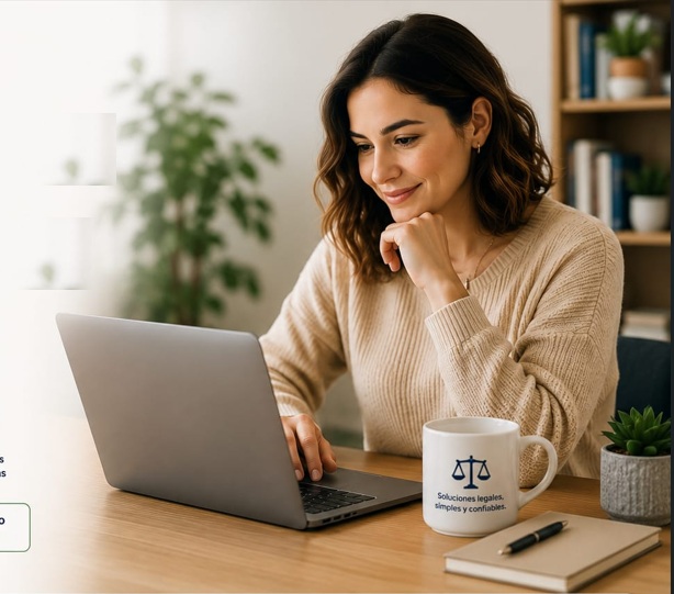Mujer solicitando un trámite legal desde su laptop